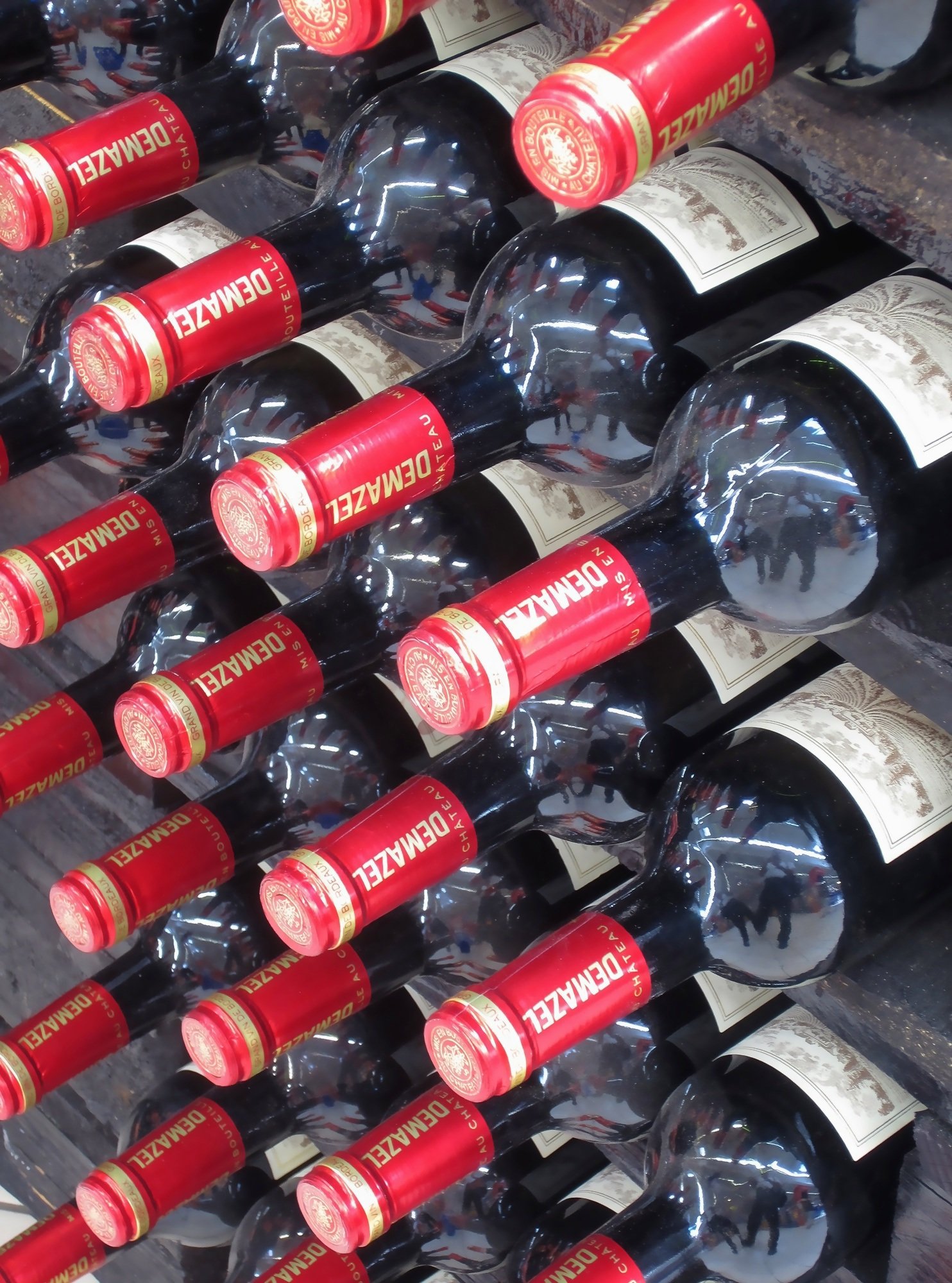 Botellas de vino alineadas en una estantería, mostrando diversas etiquetas y colores de vino.